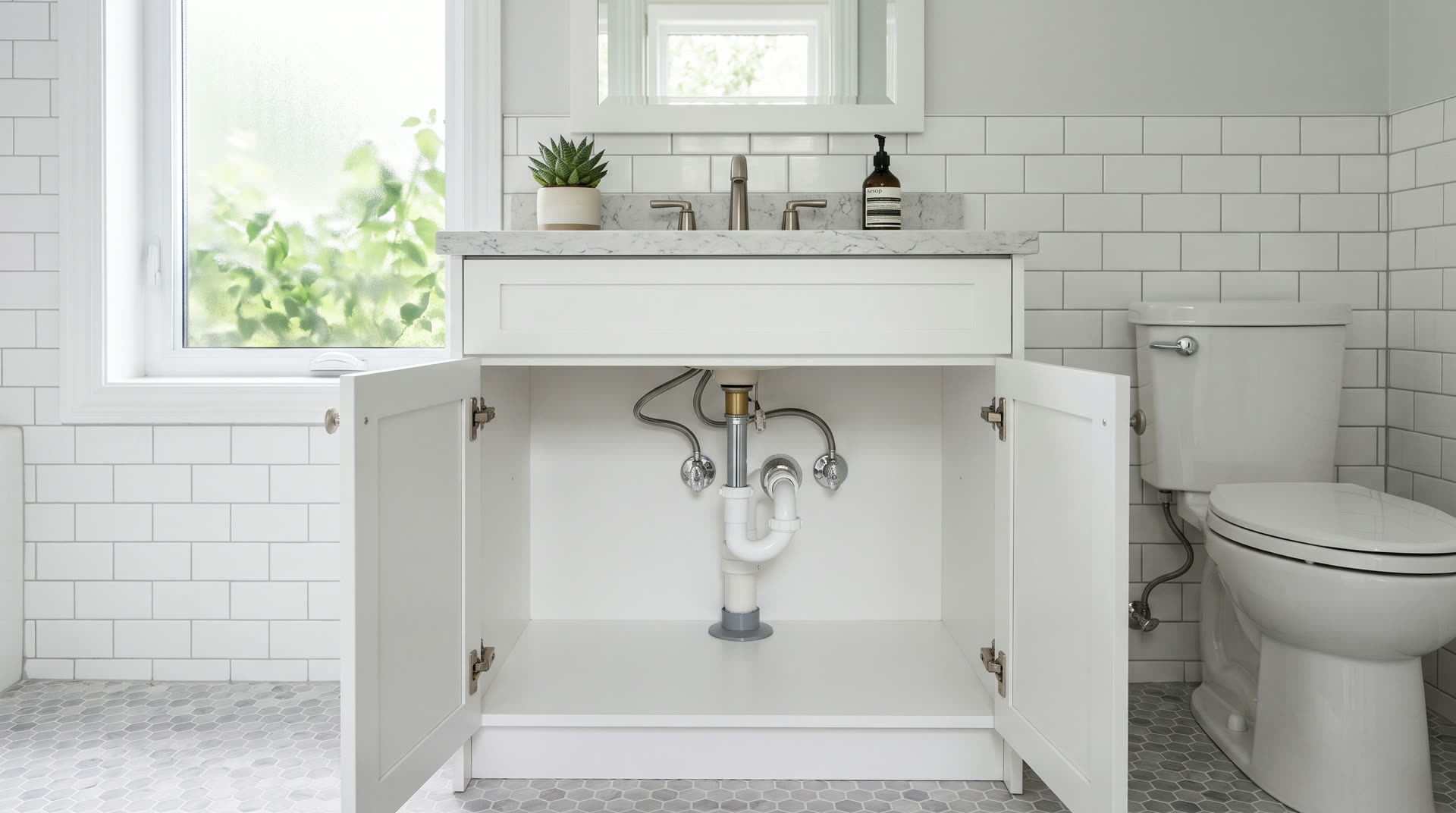 After: a clean under-sink install with a new white PVC trap, braided supply lines and chrome shut-off valves, beside a new toilet