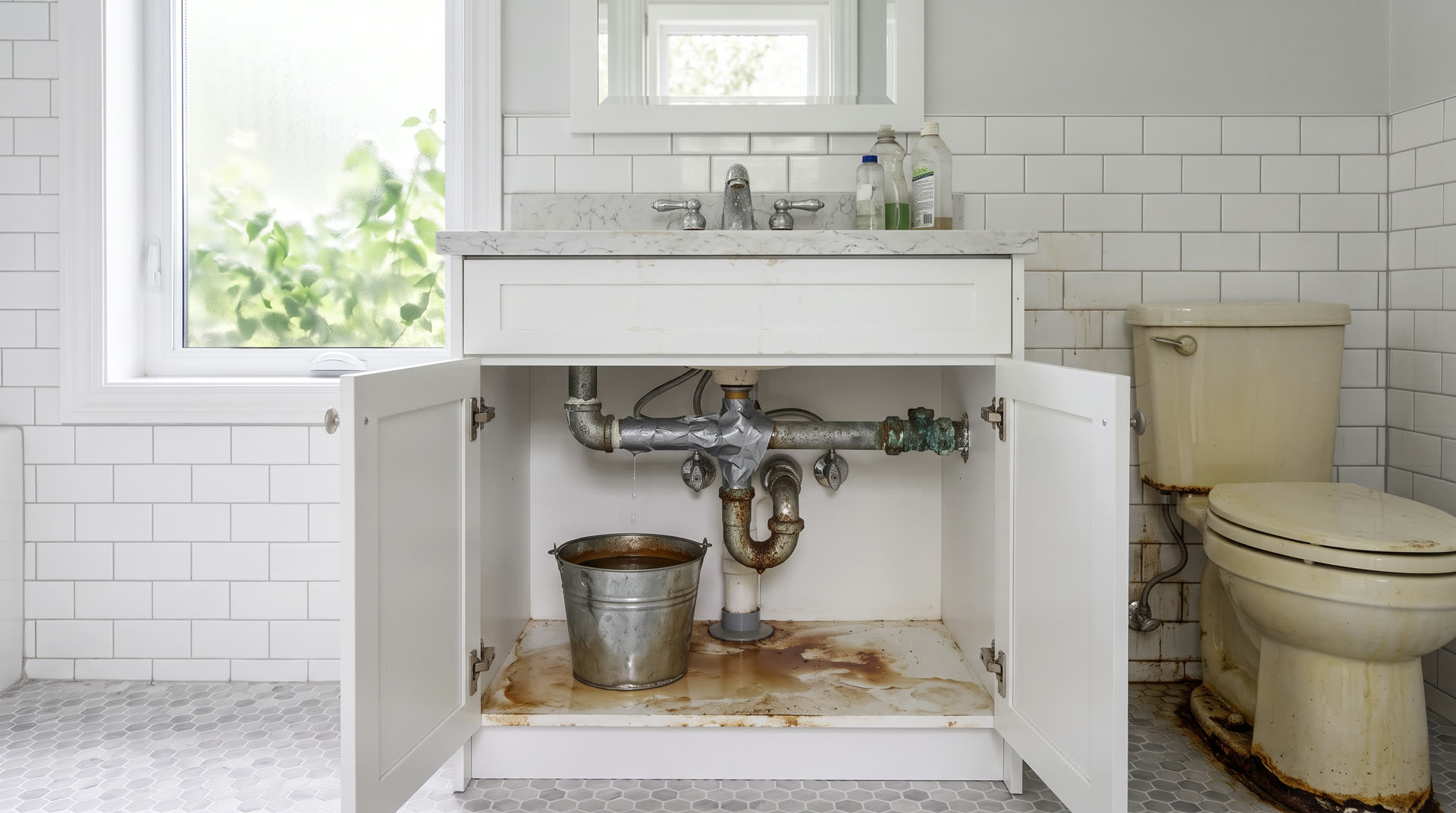 Before: corroded galvanized pipes wrapped in duct tape, a bucket catching drips, a water-stained cabinet floor and a rust-ringed old toilet